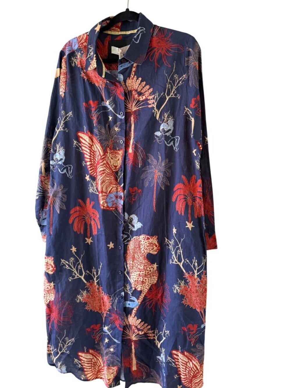 Las Surenas Womens Tiger Print Midi Shirt Dress Size XL Blue Relaxed Casual New